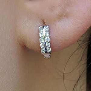 Round Double Row Prong Set Cubic Zirconia Huggies Sterling Silver